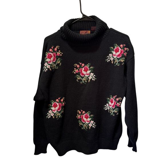 VTG Worthington Turtleneck Knit Sweater w/Cross-stitch Flowers on Front Size M - Picture 1 of 9